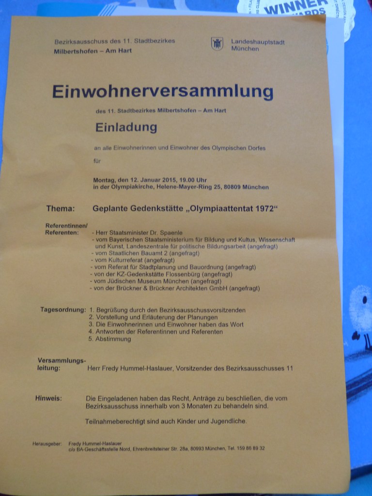 Invitation to public meeting regarding the 1972 Olympic terror memorial site (c) Daniel Zylbersztajn